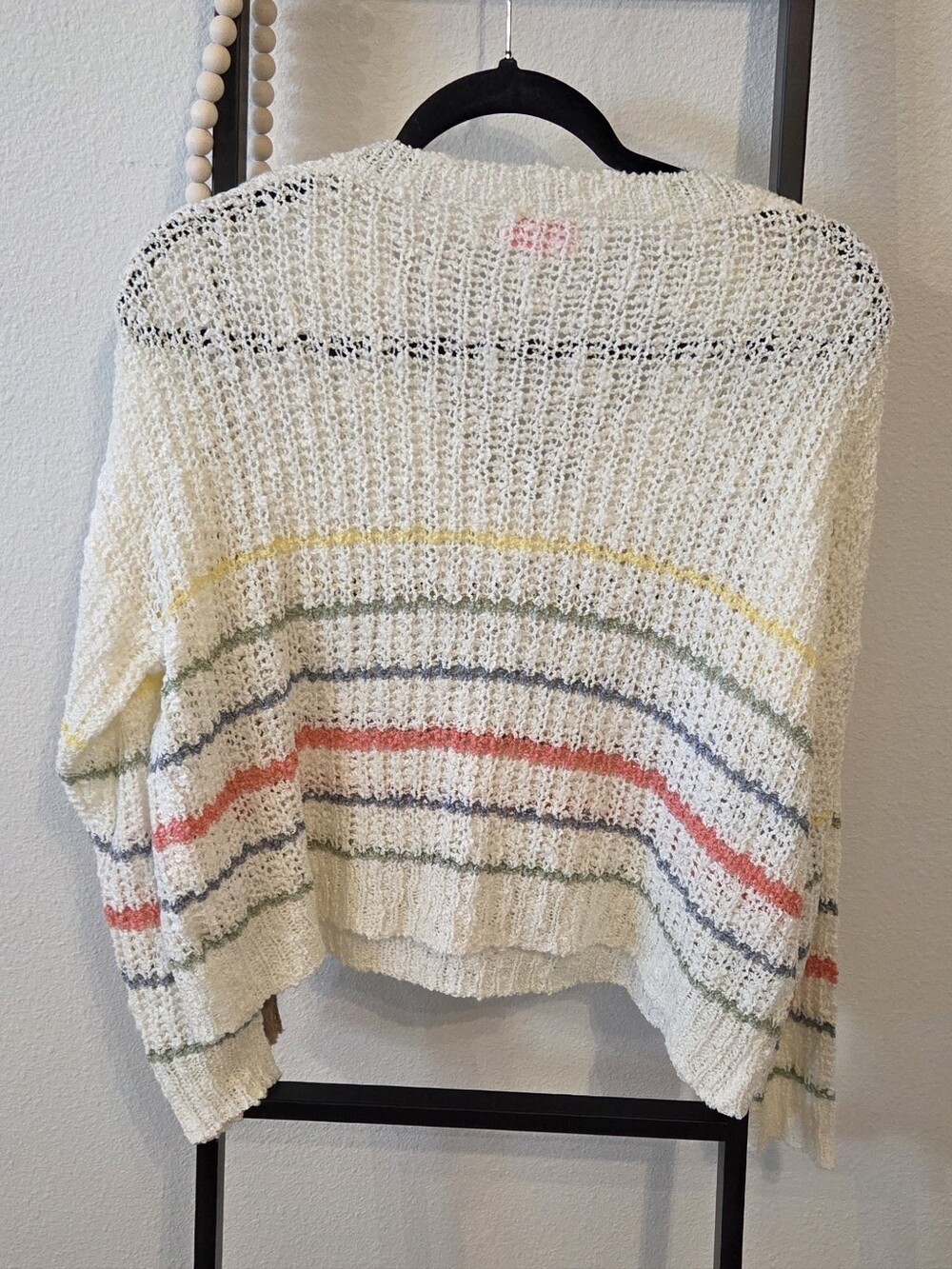Pink Lily Cream Open Knit Striped V-Neck Sweater Women's Small Boho Lightweight - Picture 2 of 3